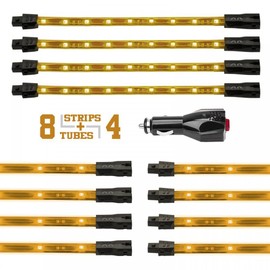 Amber Premium 8pcs 24in tubes 4 Flex Strips Underglow + Car Interior Three Mode LED Neon Accent light Kit Waterproof Ultra Bright + Plug & Play Ultimate Coverage