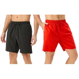 TEX2FIT Men's 7 Inch Swim Shorts with Mesh Liner, 2-Pack Classic Solid Color Swim Trunks with Pockets 7” Inseam (Black/Red, Large)