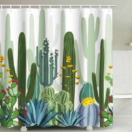 IcosaMro Cactus Shower Curtain for Bathroom with Hooks, Tropical Watercolor Decorative Long Cloth Fabric Shower Curtain Bath Decorations- 71Wx72L, Green