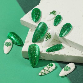 St. Patrick's Day Press on Nails Medium Almond Fake Nails with Shamrock Rhinestone Designs White Glue on Nails Green Glitter False Nails Acrylic Artificial Stick on Nails for Women 24 Pcs