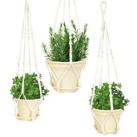 Sinolodo Macrame Plant Hanger Set of 3 with 6/7/8 Inch Plastic Hanging Planters – Indoor/Outdoor Hanging Basket for Plants, Succulents, Pothos – Boho Hanging Decor with Wood Beads & Drainage Pots