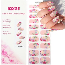 IQXGE Semi Cured Gel Nail Strips, Long Lasting Gel Nail Stickers with UV Light Needed, 20 Waterproof Full Nail Wraps for Women with 1 Nail File, 1 Wood Stick&2 Prep Pad-Pink Flower Leaf