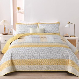 WONGS BEDDING Yellow Quilt Full Size, Bohemian Stripe Quilt Sets 3 Pieces Boho Quilted Bedspread Set Lightweight Microfiber Coverlet Bedding Set All Season (78"×90")