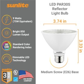 Sunlite LED PAR30 Short Neck Flood Light Bulb, 9 Watt, (75W Equivalent), 850 Lumens, Medium Screw (E26) Base, Dimmable, ETL Listed, 4000K Cool White, 6 Count