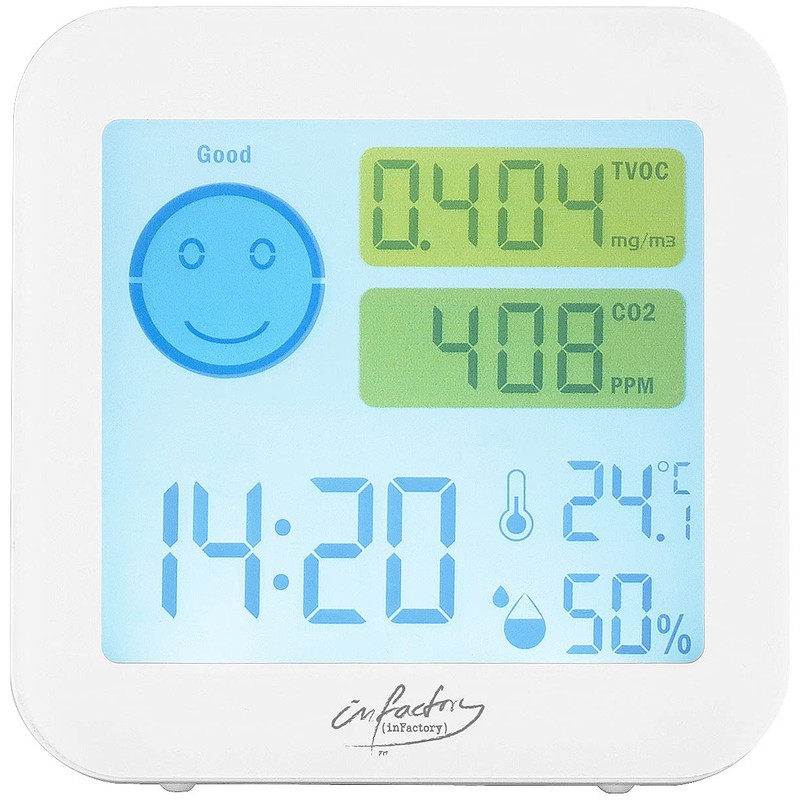 infactory Luftmesser: 2er-Set TVOC- & CO2-Messgeräte mit Uhr, Temperatur, Luftfeuchtigkeit