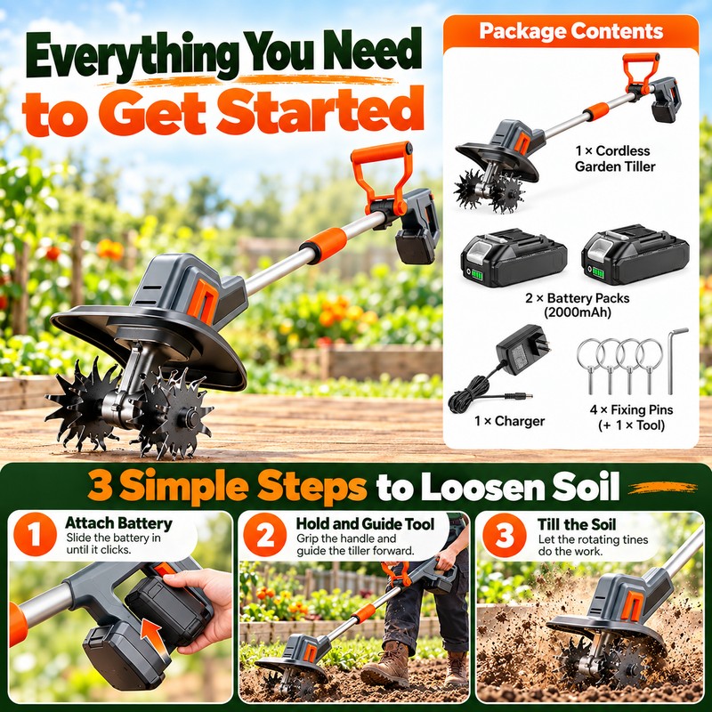 Cordless Electric Garden Tiller for Soil Cultivation – Anti-Tangle Blades