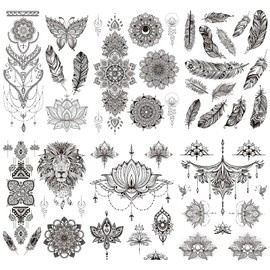 DAWRIS 6 Sheets Black Temporary Tattoo Stickers for Women Girls, Art Stickes, Mandala Lotus Flower Tattoo Stickers, Body Fake Tattoo Stickers