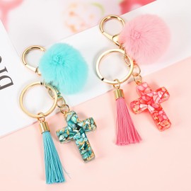 MWOOT 2pcs Schlüsselanhänger Kreuz zum Bommel Quasten, keyring Christliche Deko Kreuz zum Aufhängen, Keychain Autoschlüssel Anhänger Schlüssel Anhänger Christliche Geschenke Schlüsselanhänger(PK+BU)