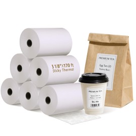 Sticky Thermal Receipt Paper 3 1/8" x 170' | 6 Rolls Linerless Wrinkle-Free Adhesive | For TOAST POS, Epson TM-L90 Sticky Label Paper, Kitchen Order, Delivery & Shipping Labels | Residue-Free