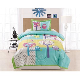 Legacy Decor 2 PC Yellow, Teal and Purple Multicolor Owl Print Childrens Comforter Set, Twin Size