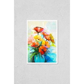 Oil painting spring flower background. Still life of yellow, pink, red gerbera bouquet in vase. Colorful flowers painting with light gray yellow background. Hand Painted floral Impressionist style