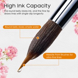 6 PCS Watercolor Brushes Professional, Extended Needle Point Brushes with Belly Reservoir for Fine Detail, Continuous Painting & Broad Washes, Great for Artists