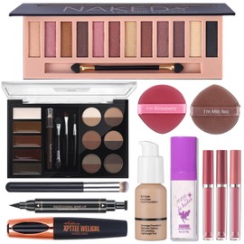 QiBest- Juego de maquillaje para mujer, kit completo paleta de sombras de ojos con 12 colores nude y brillo, polvos iluminadores                      