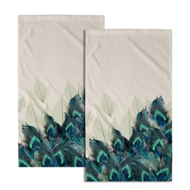 Giwawa Peacock Feather Hand Towels for Bathroom - 2 Pack Green Leaves Bath Towel Beautiful Bird Feather Fingertip Towels Soft Highly Absorbent Towels for Farmhousse Kitchen Decor 14 x 28 Inch