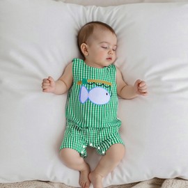 DSOKUHIB Newborn Baby Boy Clothes Fish Embroidered Romper Plaid Sleeveless Jumpsuit Overalls Infant One Piece Summer Outfit (Green, 12-18 Months)