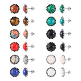 JUSTJANDM 12 Pairs Multi Gemstone Stud Earrings Gold Plated Stainless Steel Turquoise Tiger Eye Onyx Lapis Lazuli Malachite Stone Stud Earrings Set for Women (Silver 6mm)