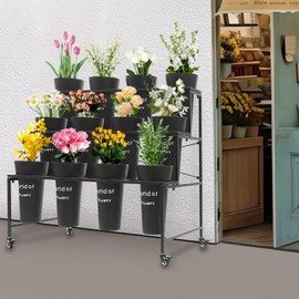 Uphilltool 3 Tiers Black Flower Display Stand With 12 Black Plastic Buckets, Heavy Duty Moving Plant Cart Shelf Metal Plant Stand Flower Stand Shelf Flower Shelf Display Stand with 4 Wheels (Black)