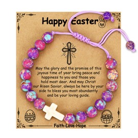 VULETO Easter Basket Stuffers Gifts for Girls, Natural Beads Charm Cross Bracelet Tween Christian Essentials Jewelry Gifts for Teens Teenage Daughter Granddaughter Nieces Her Kids Age 8-12 12-14 14-16