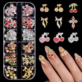 60 Pcs 3D Cherry Bow Nail Charms Gems Set, Pink Red Bows Nail Art Jewels, 9 Styles Gold Nail Cherry Cross Charms for Nail Art Design Y2K DIY Accessories