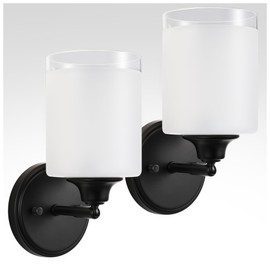 XIFEINIU Wall Sconces Set of Two with Upgraded Glass Shade, Modern Sconces Wall Decor Set of 2 Matte Black Bathroom Light Fixtures, Wall Lights Vanity Lights for Bathroom Bedroom Mirror(E26 Base)