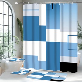 KINUUIS 4 Pcs Blue Geometric Bathroom Shower Curtain Sets with with Toilet Lid Cover and Non-Slip Rugs, Blue Modern Bathroom Decor Sets with Shower Curtain and Rugs for Bathroom