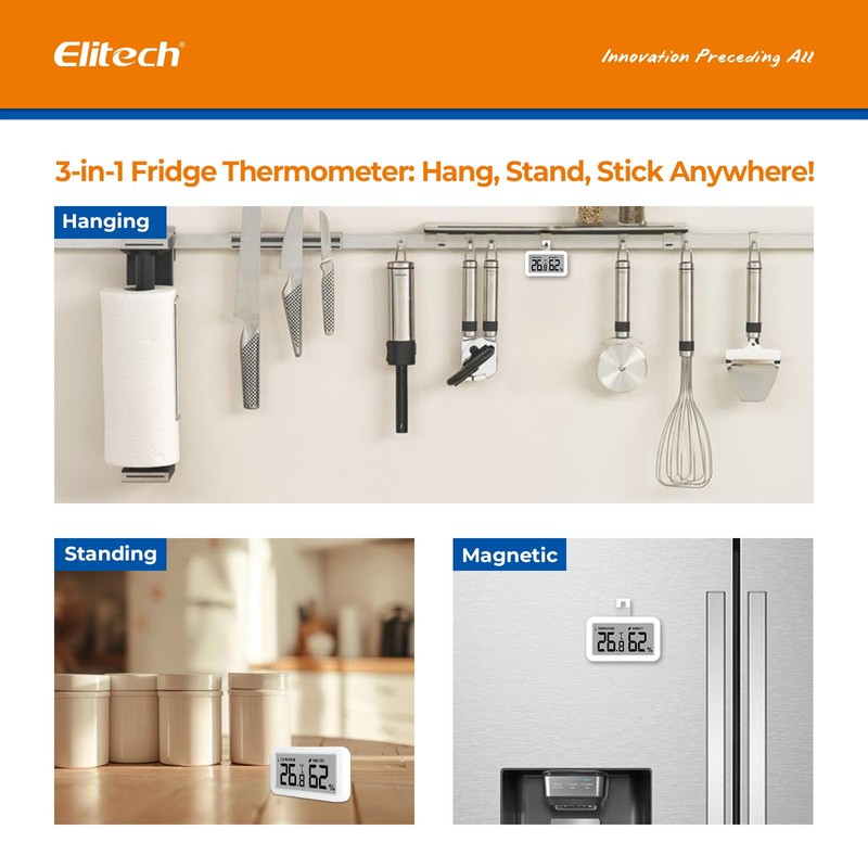 Elitech 2 Pack TM-2 Fridge Thermometer, Temperature and Humidity Monitoring,