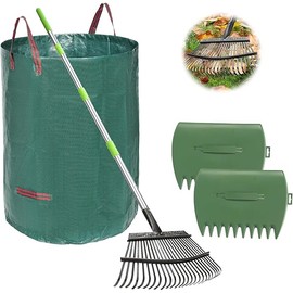 JOYHALO 65 Inch Rake for Leaves, 25 Tines Metal Leaf Rake Set with 32 Gallon Leaf Bags Scoops, Garden Rakes 18in Wide, Rakes for Gardening Lawns Yard Outdoor Camping Shrub Grass Bush