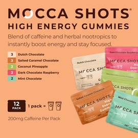 SGC Highest Concentration 100mg Caffeine per Gummy, 2 Gummies per Pack, 12-Pack Mocca Shots Variety Pack Plant-Based nootropic Instant Energy with Ginkgo biloba, Theobromine.