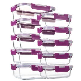 HAKEEMI 10 Pack Glass Food Storage Containers with Airtight Lids, Ideal for Meal Prep, Lunches - Microwave and Dishwasher Safe, Deep Purple
