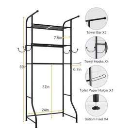 JUKAMO 3-Tier Over The Toilet Storage Shelf，Bathroom Organizers and Storage Over Toilet，Metal Bathroom Space Saver with 2 Bars，1 Paper Holder and 4 Hooks,Black