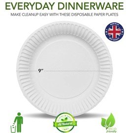 Ask Packaging 100 Paper Plates 23cm - 9 inch Disposable White Paper Plates – 100% Natural & Recyclable for Hot & Cold Use - Perfect for Everyday Use, Birthday, Picnic, Anniversary, Parties, Christmas