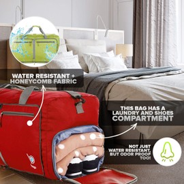 Bago Large Foldable Duffel Bags for Traveling Women & Men - 100L Packable Duffle Bag for Travel with Shoe Compartment - Water Repellant, Heavy Duty, Lightweight Folding (Red)