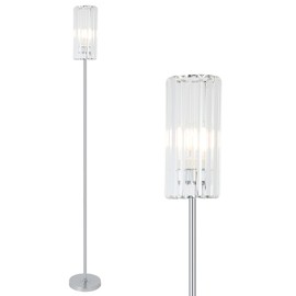 HMVPL Chrome Floor Lamp for Living Room, Modern Pole Floor Lamp for Bedroom with K9 Crystal Shade, Silver Standing Lamp for Corner with On/Off Switch,Elegant Tall Lamp for Nursery Kids Girls Room Home