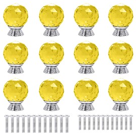 ANJUU 12 Pcs 30mm Round Shape Crystal Glass Cabinet Knobs with Screws Drawer Knob Pull Handle Used for Kitchen, Dresser, Door, Cupboard (Yellow)