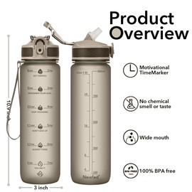 Newfad Water Bottle with Straw, Motivational 32 oz Water Bottles with Time Marker & No Sweat Sleeve, BPA Free Leak Proof Gym Bottle with Times to Drink