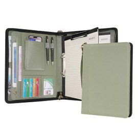 Wason A4 Portfolio with Zipper - Leather PU Padfolio with Detachable Ring Binder and Writing Notepad Holder, Conference File Multi-Pockets Organizer for Office Travel School (Green)