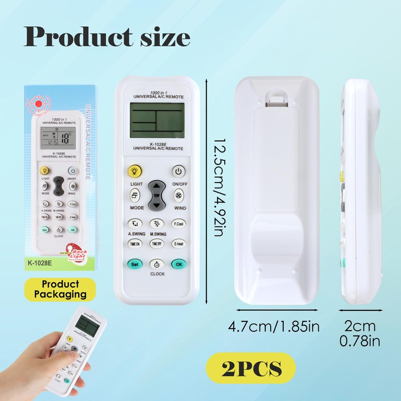 2 white universal remote controls for air conditioners, compatible with