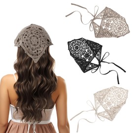 Classicseali 3pcs Crochet Bandana for Women, Hollow Crochet Hair Bandana Girls Head Kerchief Styling Decor, Crochet Head Scarf, Hair Kerchief (Black+ Beige + Brown)