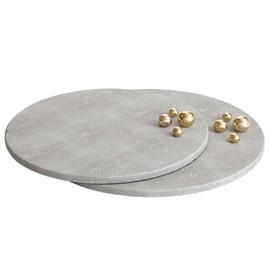 UPPER DECOR Set of 2 Faux Shagreen Leather Tray, Modern Exquisite Round Decorative Tray with Gold Polished Metal Beads, Ottoman Trays Coffee Table Serving Trays for Home Decor, Gray