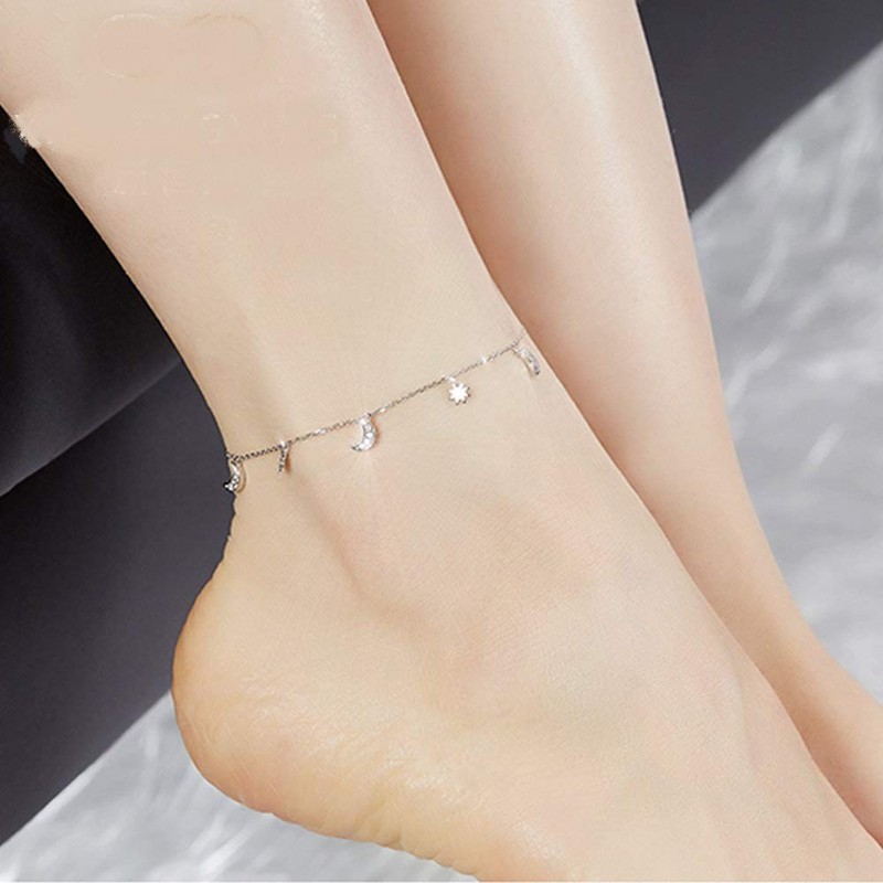 IMINI Dainty Star and Moon Anklet 925 Sterling Silver CZ