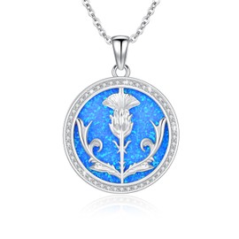 Scottish Thistle Necklace for Women Sterling Silver Blue Opal Scotland Flower Pendant Jewellery Gifts for Girls, Sterling Silver