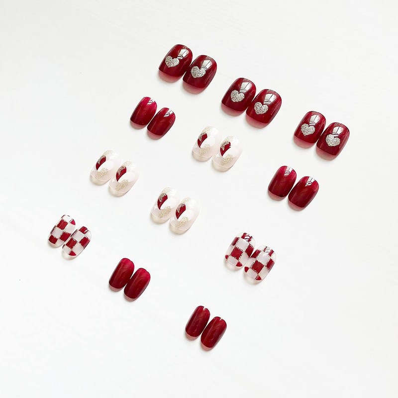 Wedding 24 Pieces Claret Short Chess Love False Nail Pearl