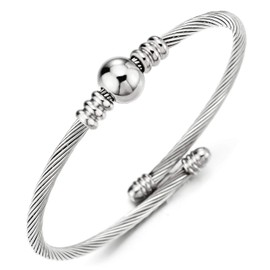 COOLSTEELANDBEYOND Elastic Adjustable Stainless Steel Polished Ball Charm Chaîne de Perles Steel Cable Bracelet Bangle for Women Twisted, Stainless Steel, Non-applicable