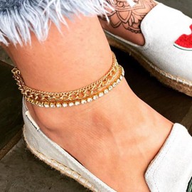 Aneneiceera Boho Layered Rhinestones Anklet Gold Ankle Crystal Bracelets Summer Anklets Punk CZ Foot Chain Beach Foot Accessories Wedding Jewelry for Women and Girls Gifts