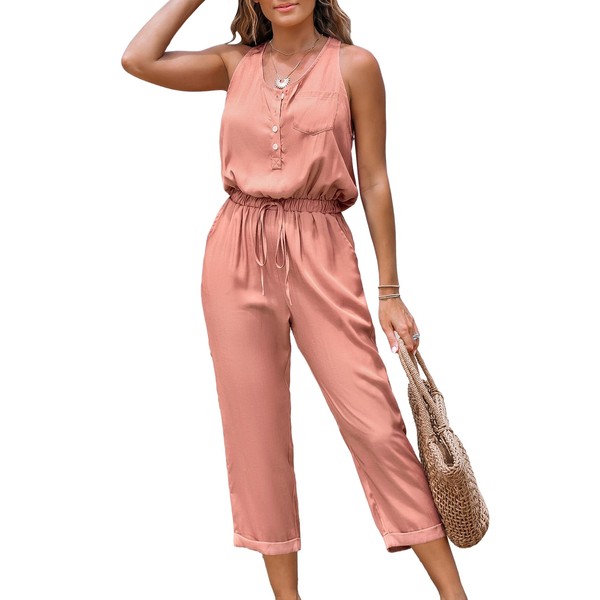 CUPSHE Women Scoop Neck Sleeveless Button Down Waist Tie Long