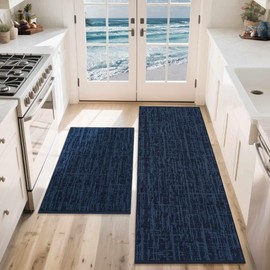 COSY HOMEER-Kitchen-Rugs-Non-Slip-Washable 24"x36"+24"x60" Absorbent Soft Kitchen Mats for Floor Polyester Kitchen Runner Rug Sets of 2 Standing Floor Mats for Sink Mat,Hallway,Laundry,Navy Blue