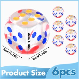 Pack of 6 Dice, Acrylic Transparent Dice Game, Six Sided Trickle Dice, 30 mm Dice with Round Corners for Table Games, Pubs, KTV, Parties, Math Courses