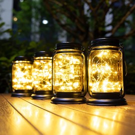 Vcdsoy 4 Pack Solar Hanging Mason Jar Lights with Stakes -Solar Fairy Table Lamp Mason Jar Colorful Light-Ourdoor Waterproof Decorative Gifts Hanging Lamp Frosted Glass Jar for Patio Garden Yard
