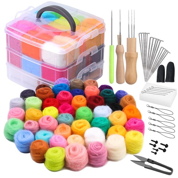 luokefe Needle Felting Kit, 48 Colours Wool Roving, Needle Felting Starter Kit with Felting Needles, Basic Tools and Accessories for DIY Felt HandCrafts Wool Fibre Hand Spinning for Beginners