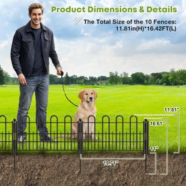 DurayLoly 10 Panels Decorative Garden Fence with U-Shape, 11.81in (H) X 16.42ft (L) Dog Fence Outdoor for Yard Security, Garden Fencing Includes Deep Stakes